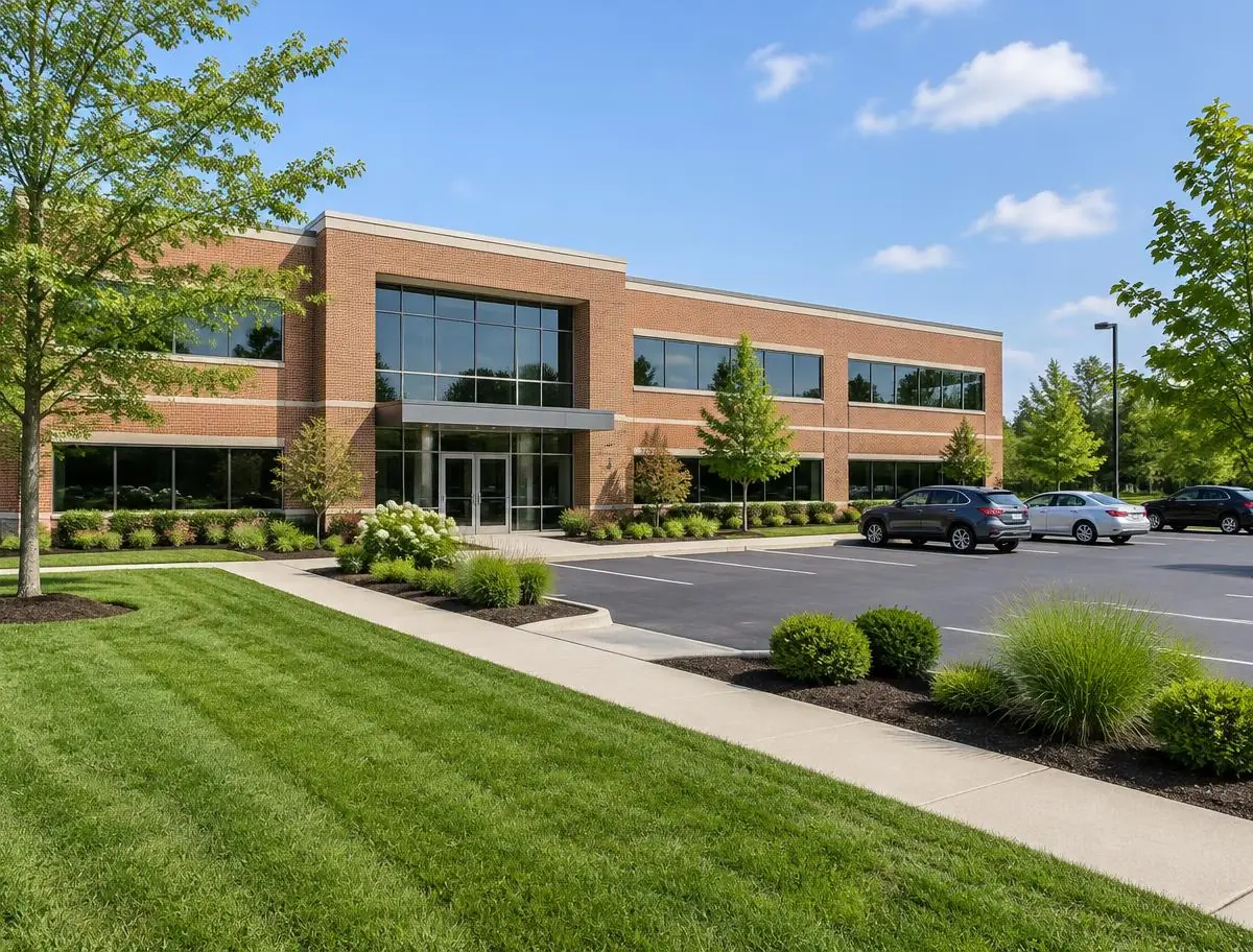 Commercial landscape inspiration showing an office building and maintained grounds