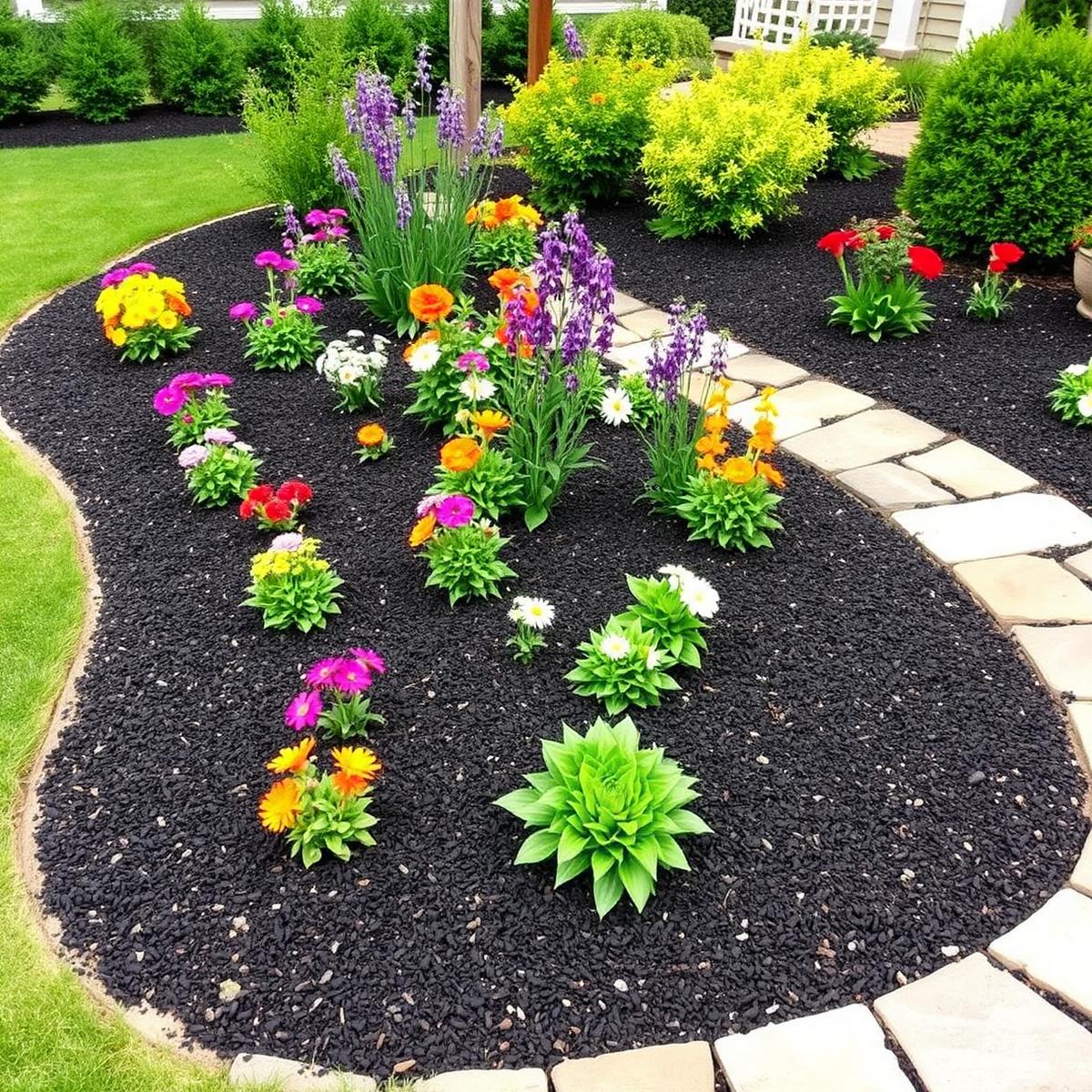 Freshly mulched landscape beds with shrubs and flowers
