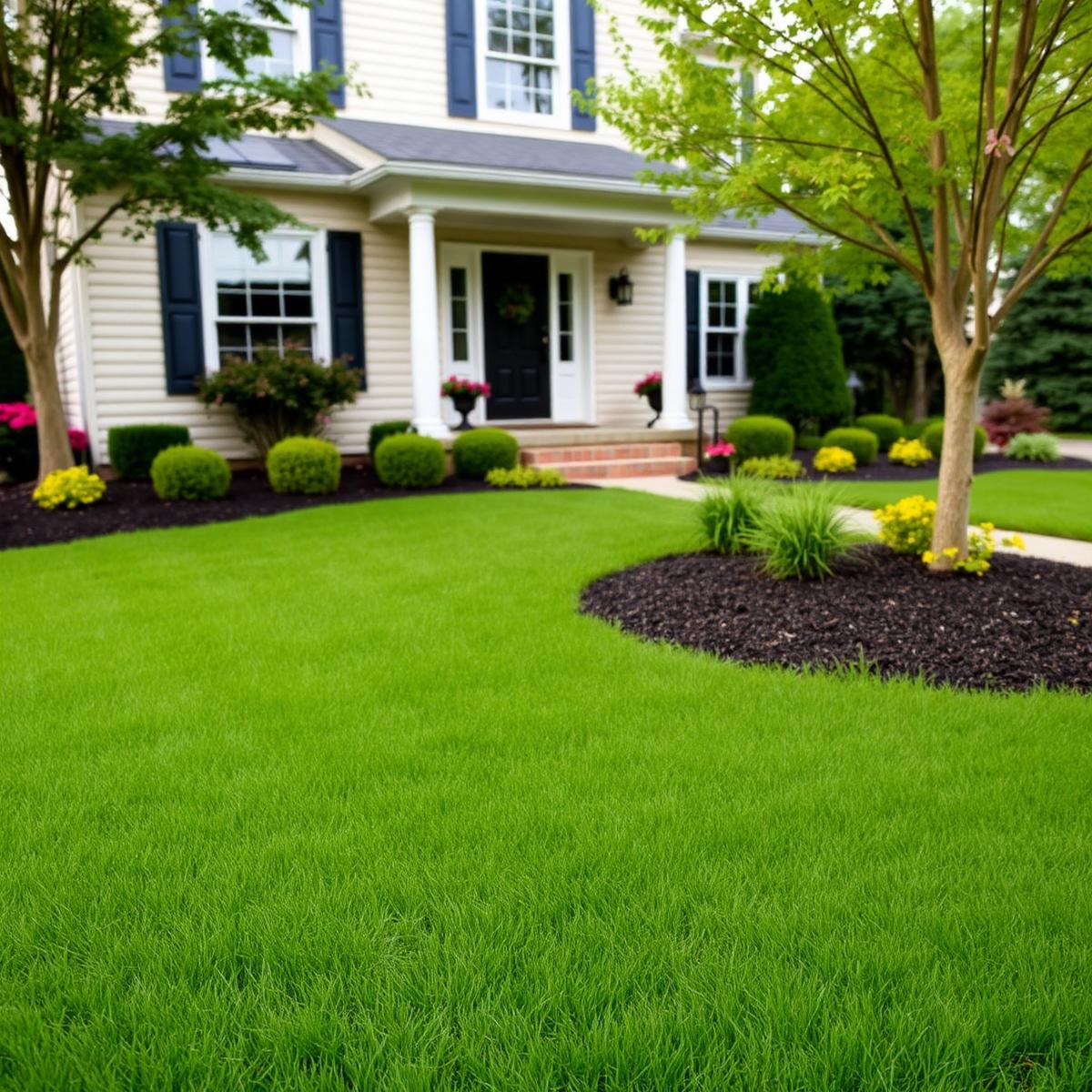 Neatly mowed lawn with trimmed landscape beds